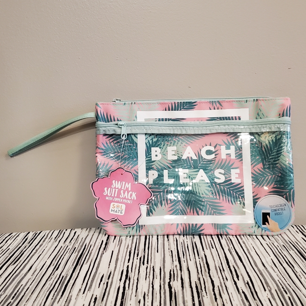 Beach Please Pink & Mint Palm-Print Swim Suit Sack Wristlet